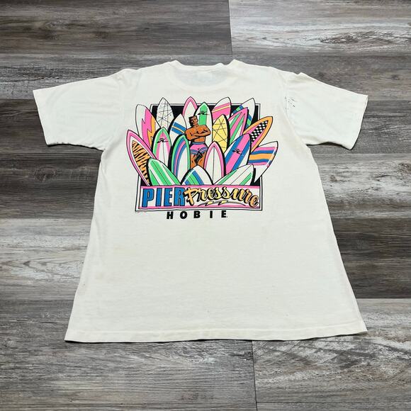 Vintage 1987 Pier Pressure Hobie Heavy White Mens XL Surfer USA Made Pocket Tee - Picture 1 of 13